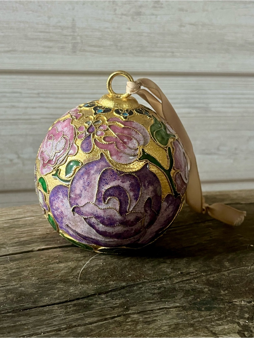 Vintage Cloisonné Enamel Floral Christmas Ornament – Gold, Pink & Purple